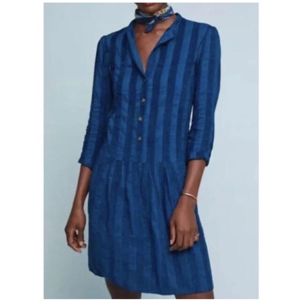 The Odells Anthropologie Striped Blue Sonia Drop Waist Dress Sz XS